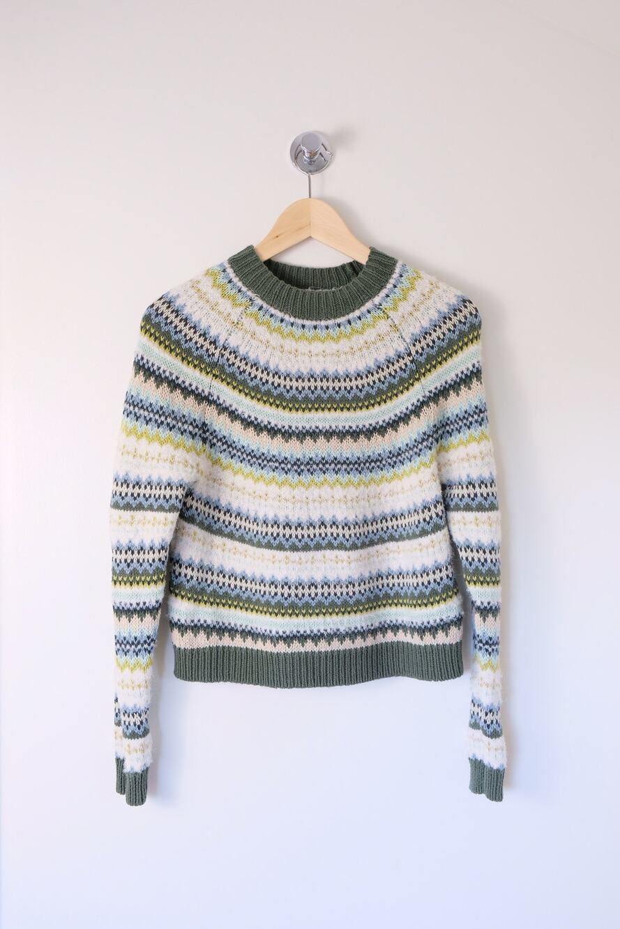 American Eagle Fair Isle Crewneck Sweater XS Cream Sage Blue Cottagecore Granola